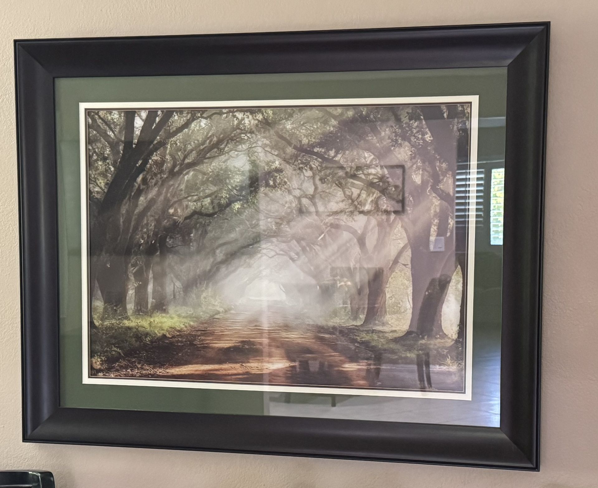 Glass And Dark Brown Wood Framed Tree Landscape Picture (46” W X 36” H) 