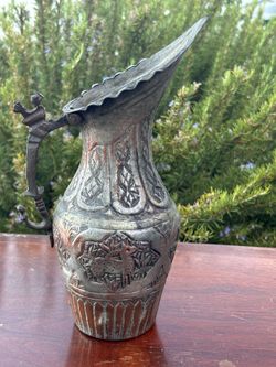 Antique Middle Eastern Tinned Copper Pitcher – Hand-Etched Ewer