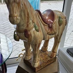 21” H x 22” W ASIAN CHINESE TANG DYNASTY VINTAGE CHINOISERIE HORSE STATUE. Zen Yoga Meditation Buddha Warrior Art Studio Sculpture. 