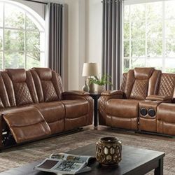 Brand New Brown Leather Power Reclining Sofa Set w Bluetooth Speakers 
