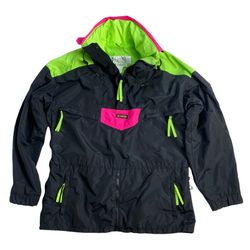 Columbia Sportswear Radial Sleeve Pullover Snowboard Jacket Neon Pink  100% lightweight nylon Made in Taiwan Zip in neon green hoodie Zip under 