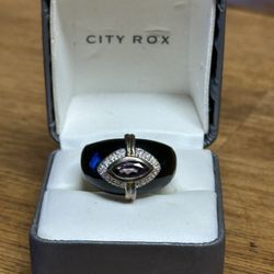 Vintage Designer Amethyst Eye Black Enamel Ring Sz 10
