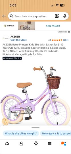 Q403 Visit the Store 4.3* * ** (261) ACEGER Retro Princess Kids Bike with Basket for 3-12 Years Old Girls, Included Coaster Brake & Caliper Brake, 14 