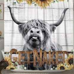 Random Cute Highland Cow Shower Curtain Set Blind Box Sunflower Western Get Naked Shower Curtains for Bathroom Farmhouse Country Bathroom Decor Polyes