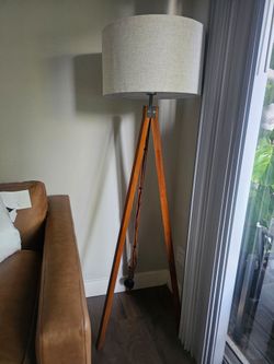 Mid-Century Wood Tripod Floor Lamp - Linen Shade