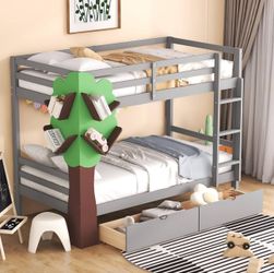 Kids Twin-Over-Twin Bunk Bed with  a Tree Decor and Two Storage Drawers