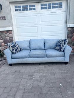 Light Blue 3-Cushion Sofa with Throw Pillows - Can Deliver!