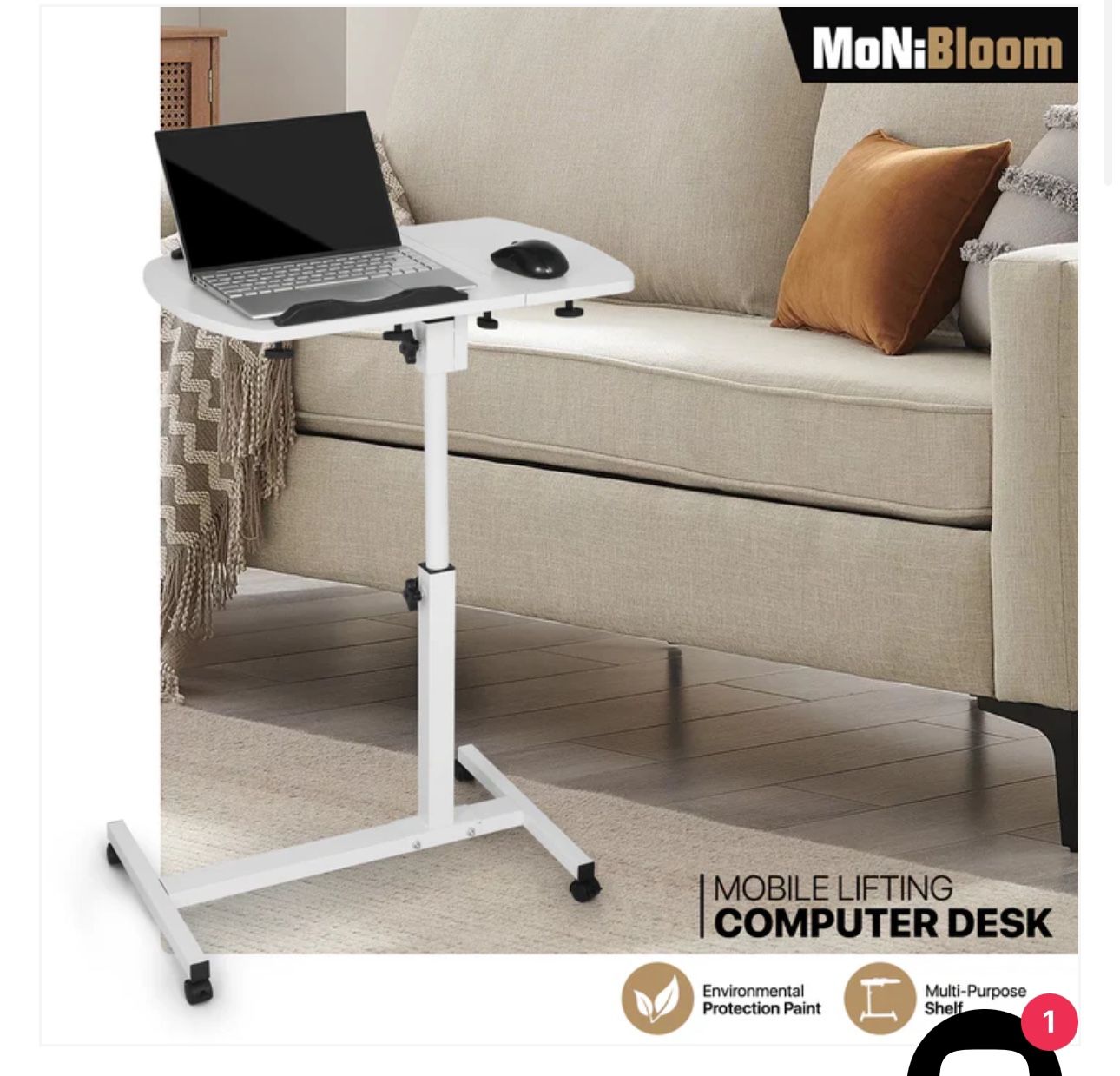 MoNiBloom Mobile Laptop Desk 75° Tiltable Height Adjustable Rolling Laptop Sofa Bed Side Table Couch Computer Desk Stand with Wheels for Home (X094)