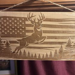 Deer Hunting American Flag With Woods Primitive Farmhouse, Home Decor, Wood Sign 10 X 19”