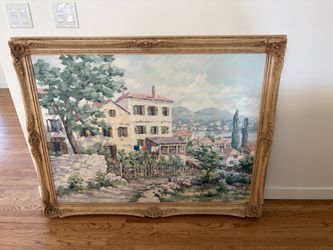 Large Framed Watercolor Painting European Village Scene