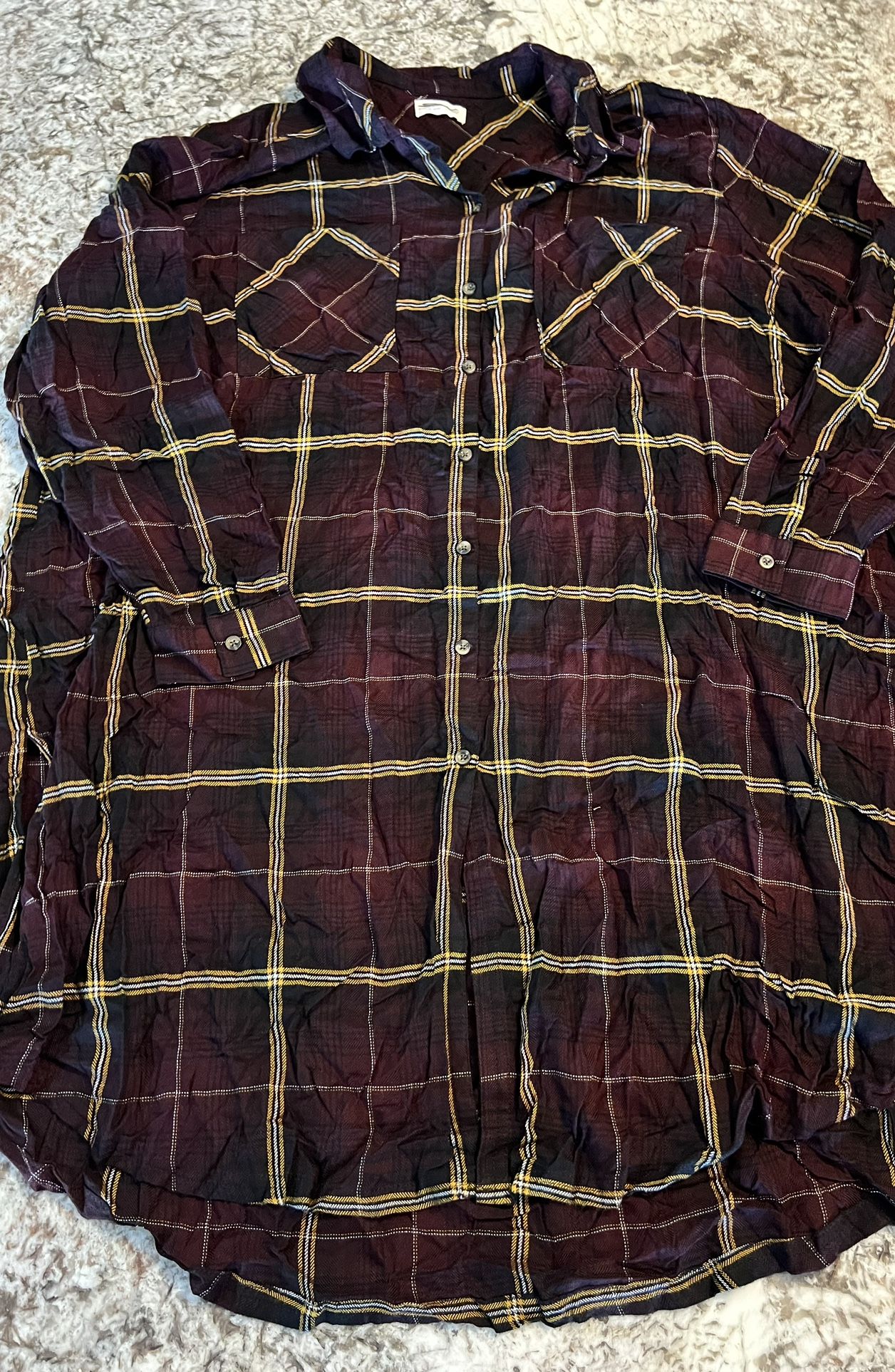 4X Plus Size Maurices Relaxed Fit Duster Plaid Button Down Shirt Burgundy Dress NEW WITHOUT TAGS