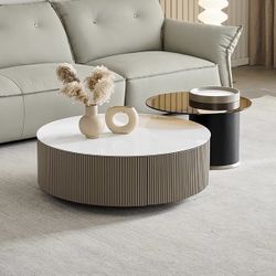  Modern Round Set of 2 Coffee Table, Mid Century Center Table with Drawer Storage ，Tempered Glass Tabletop Accent Sofa Side End Table for Living Room(