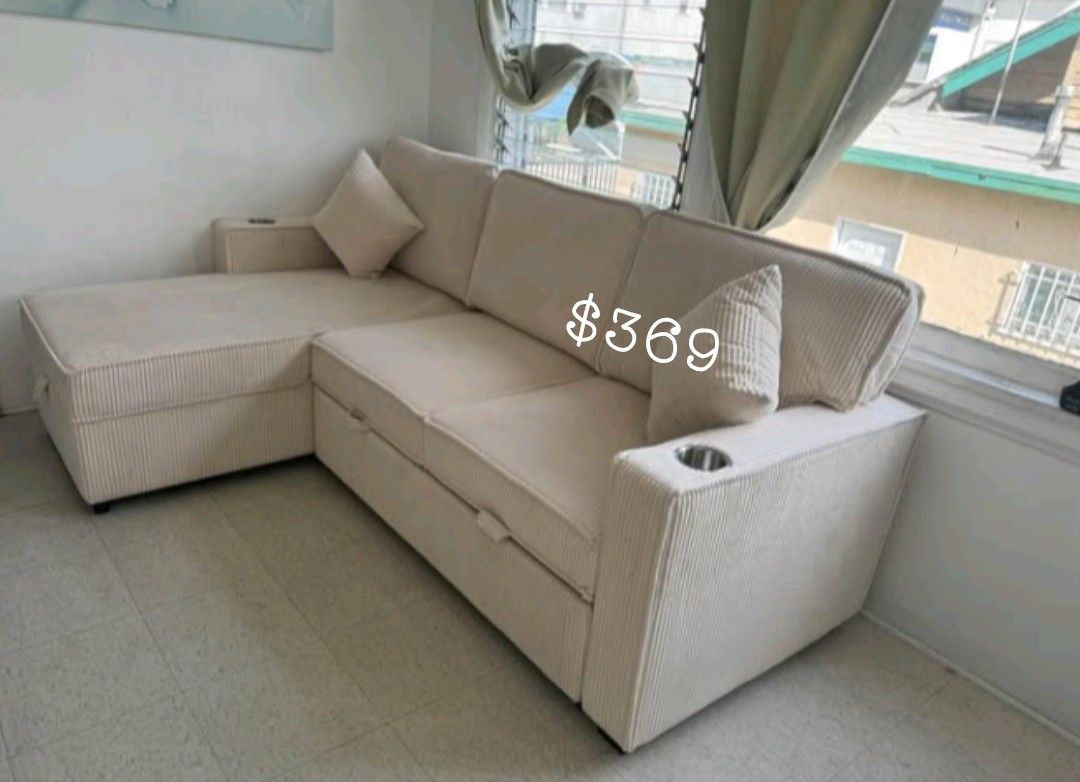 2-pc Sectional Sofa W/ Pull- Out Bed & Storage Ivory Corduroy Brand New