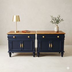 Thomasville Pair of Navy Blue and Wood Nightstands, Endtables,  lamp tables,  side tables
