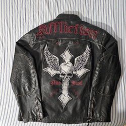 Affliction black leather jacket with red lining and cross design