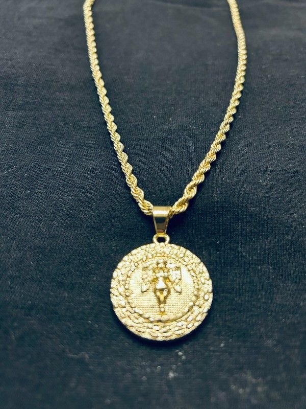14K Finished Gold Baby Angel Medal Pendant 24"