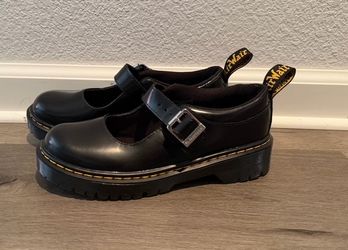 Dr. Martens Black Girls Mary Jane Buckle Shoes with Yellow Welt Stitch