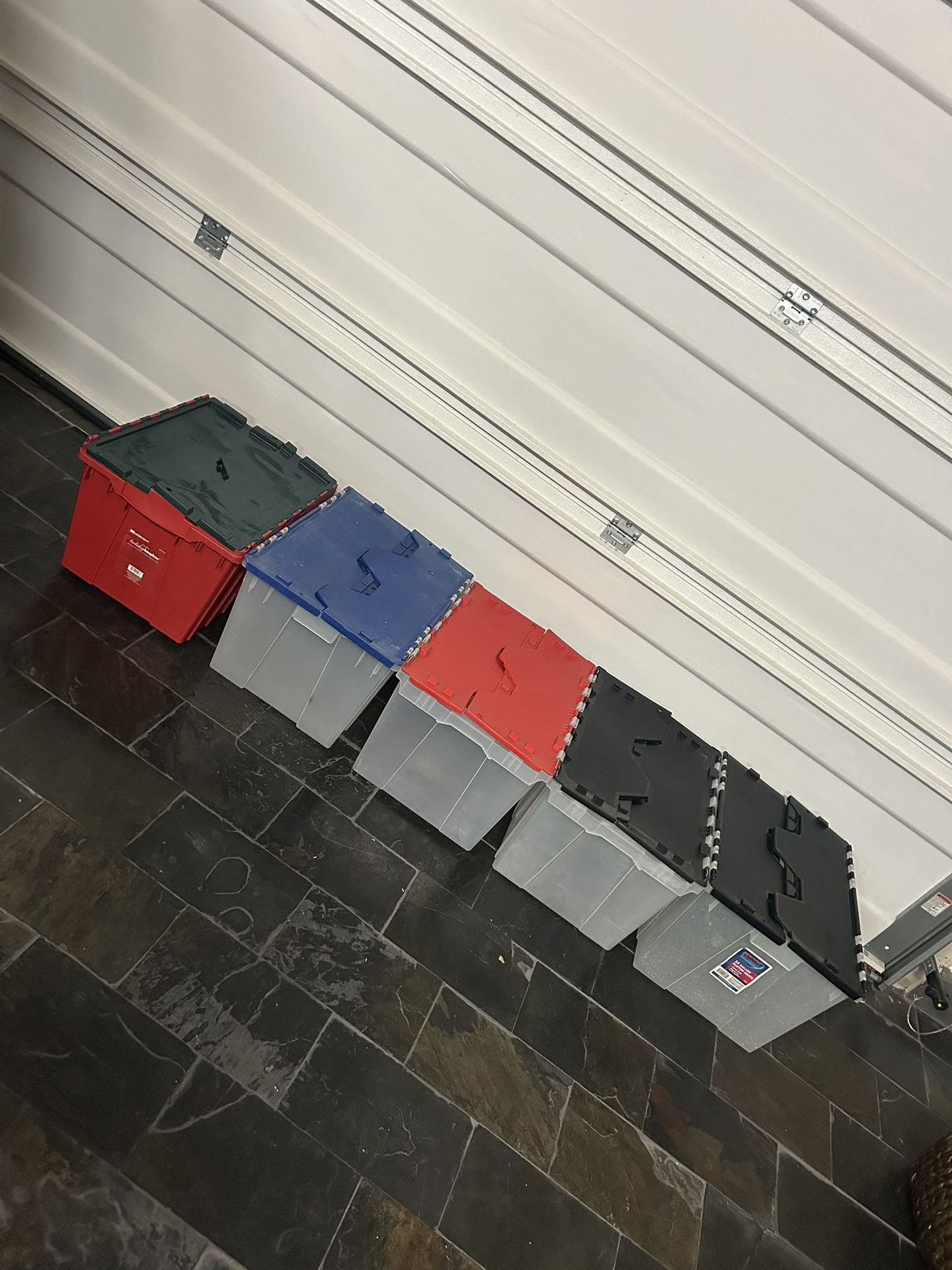 5 flip top 12 Gallon heavy duty storage totes