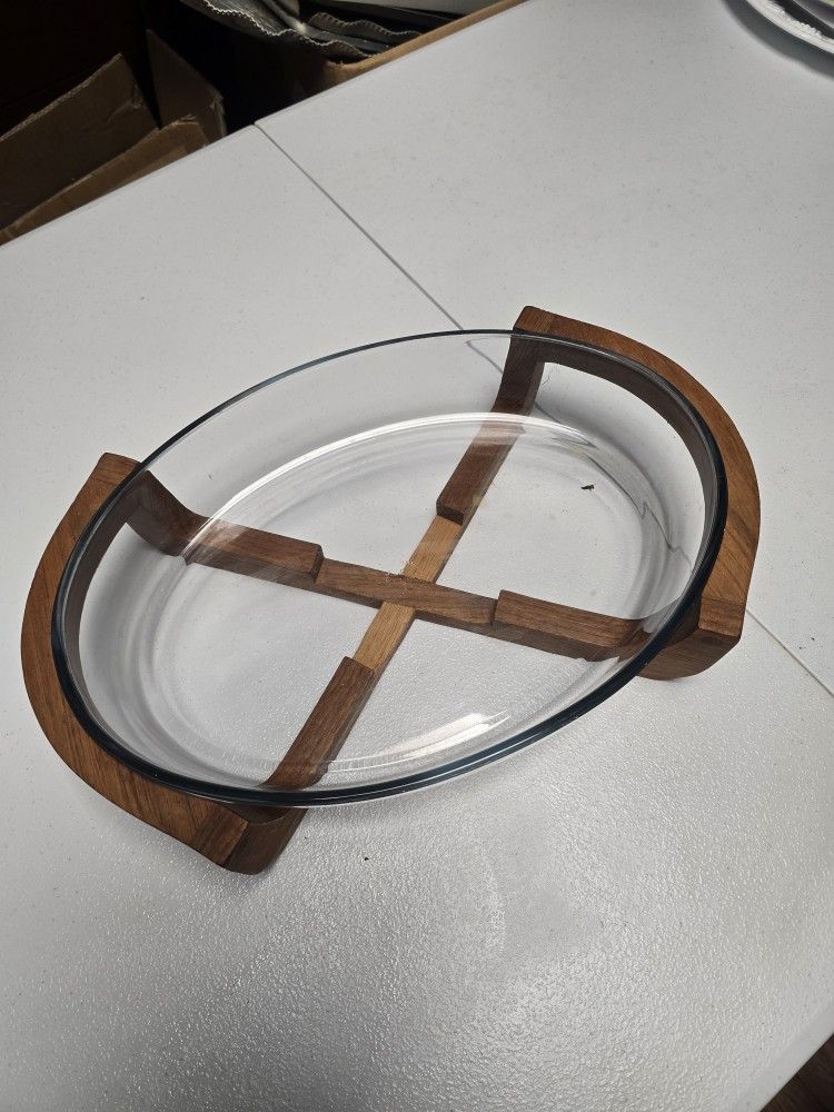 Vintage Marinex Glass Oval Casserole Dish With Teakwood Cradle