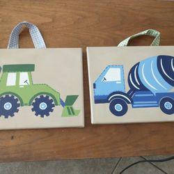 2 hanging decor pictures back how & concrete mixer (12"x9") boys room decor