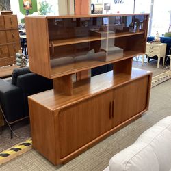 DYRLUND Danish Teak Tambour Door Buffet w/Hutch