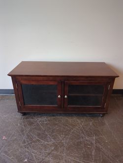 Reddish-Brown Wood Media Console with Glass Doors