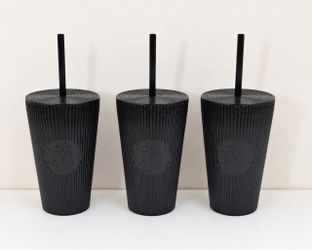 Starbucks 2024 Pleated Metallic Core Black Striped Grande Tumbler 16oz Cups  SET OF 3!