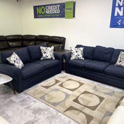 Sofa & Loveseat - Navy Blue Pull Out Bed 
