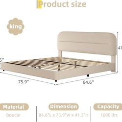 King Size Boucle Bed Frame, Upholstered Cloud Bed Frame with Headboard, Soft Platform Bed Frame with Thickened Footboard, Rounded Corners, No Box Spri