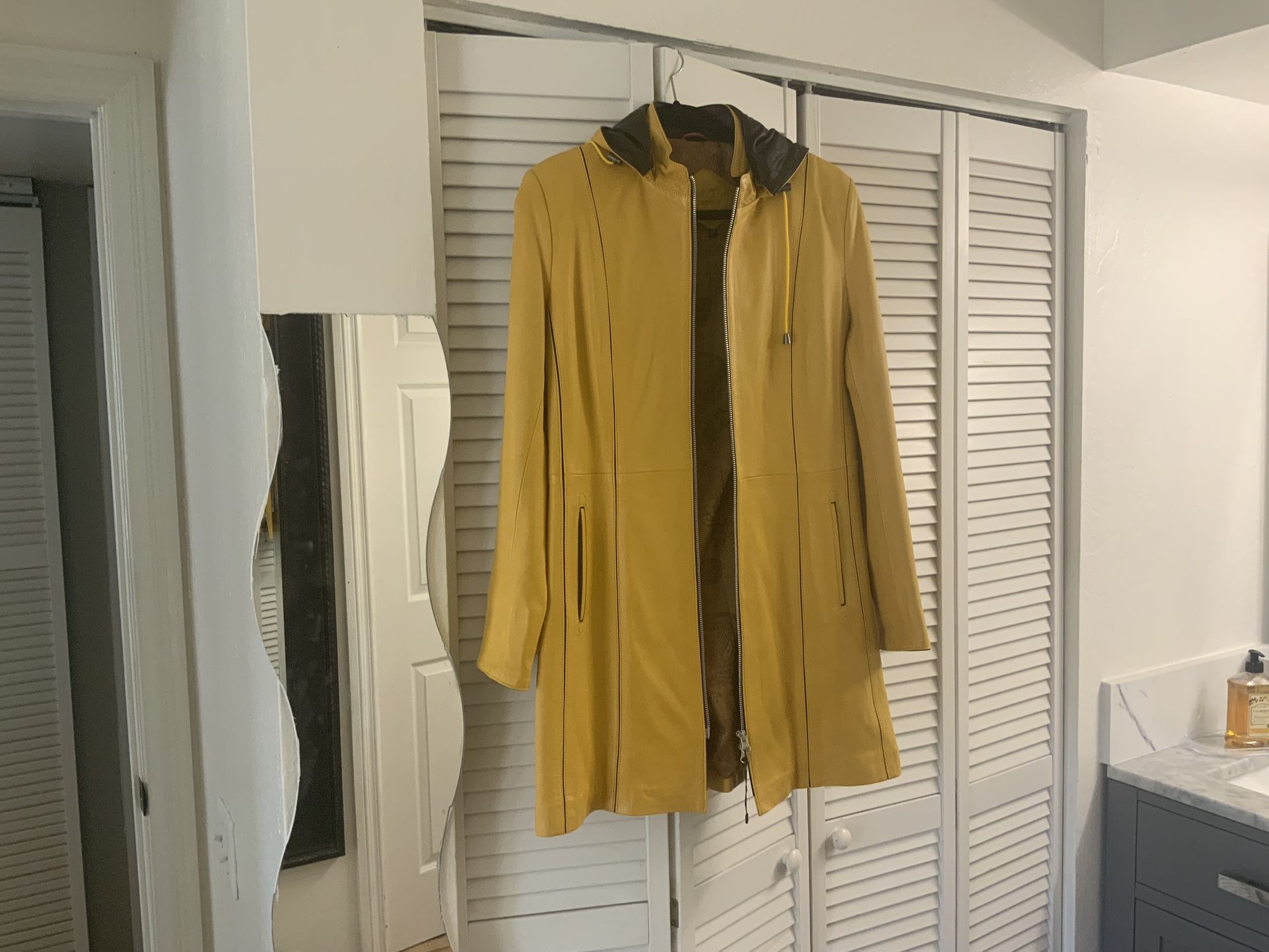 Authentic Long Leather Jacket With Hoodie.