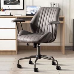 Ergonomic Home Office Chair, Comfy Faux Leather Chairs with Swivel Rolling Wheels Padded Armrests, Mid-Century Modern Computer Task Executive Armchair