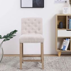 Wooden Linen Tufted Counter 24" Bar Stool Chair, Accent Nail Trim Barstool