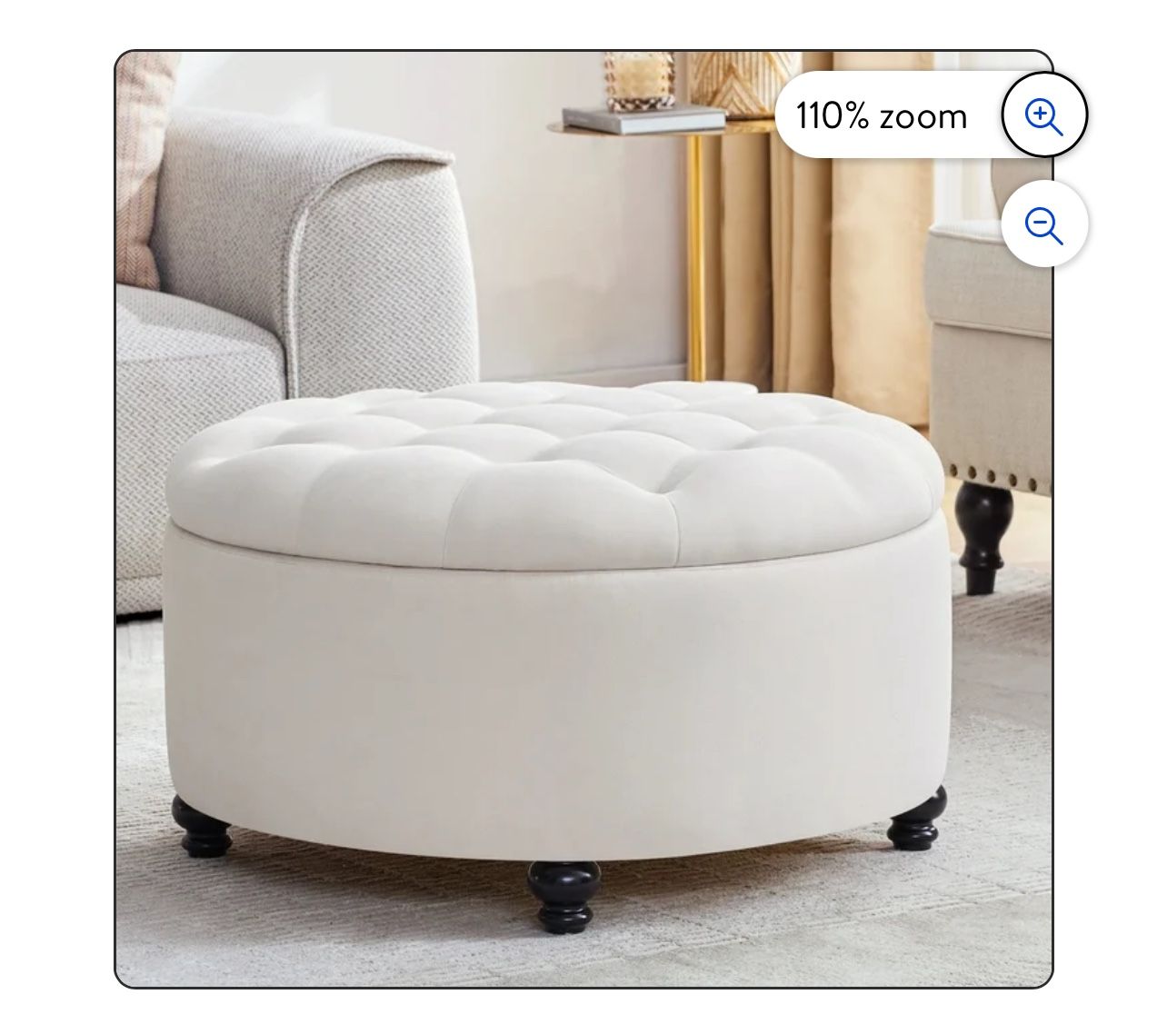 30.1-Inch Round Storage Ottoman, Upholstered Button Tufted Ottoman Coffee Table with Solid Wood Legs, Linen Fabric Ottoman with Storage Footrest Stool