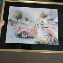 Vintage 8 By 12 Artwork Women With 1939 Pink Caddy In France Gold Outlined 