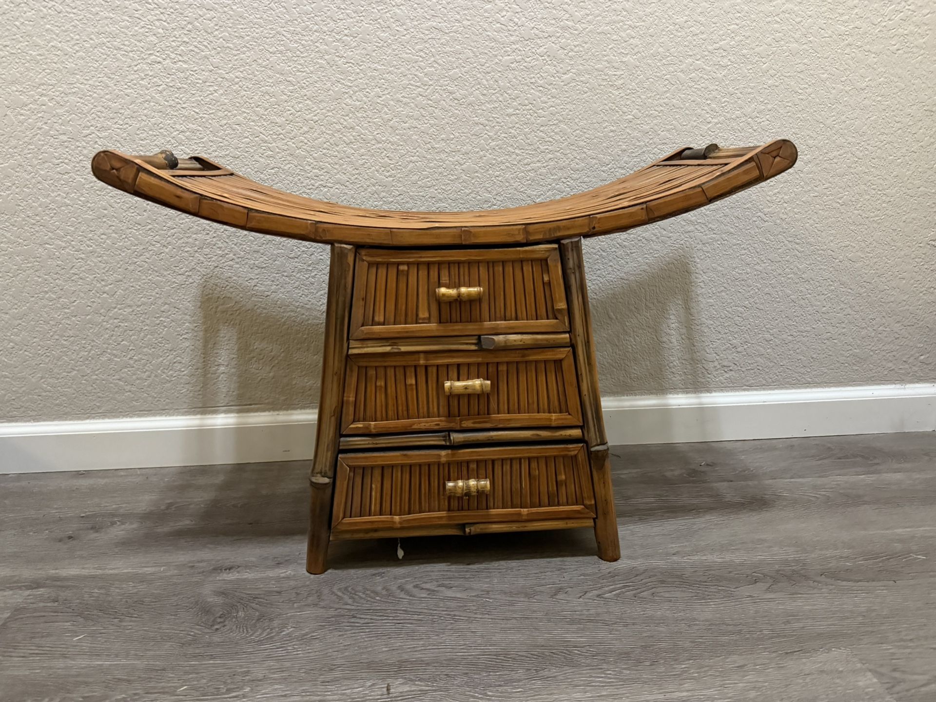 Small Klismos Style Bamboo Curved Rattan Bench Stool w/ 3 Drawers, 17.5"H x 28.5"L x 11"D Price is firm