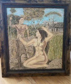 Painting Original Oil Signed By Artist - Primitive Art- 37” X 32”