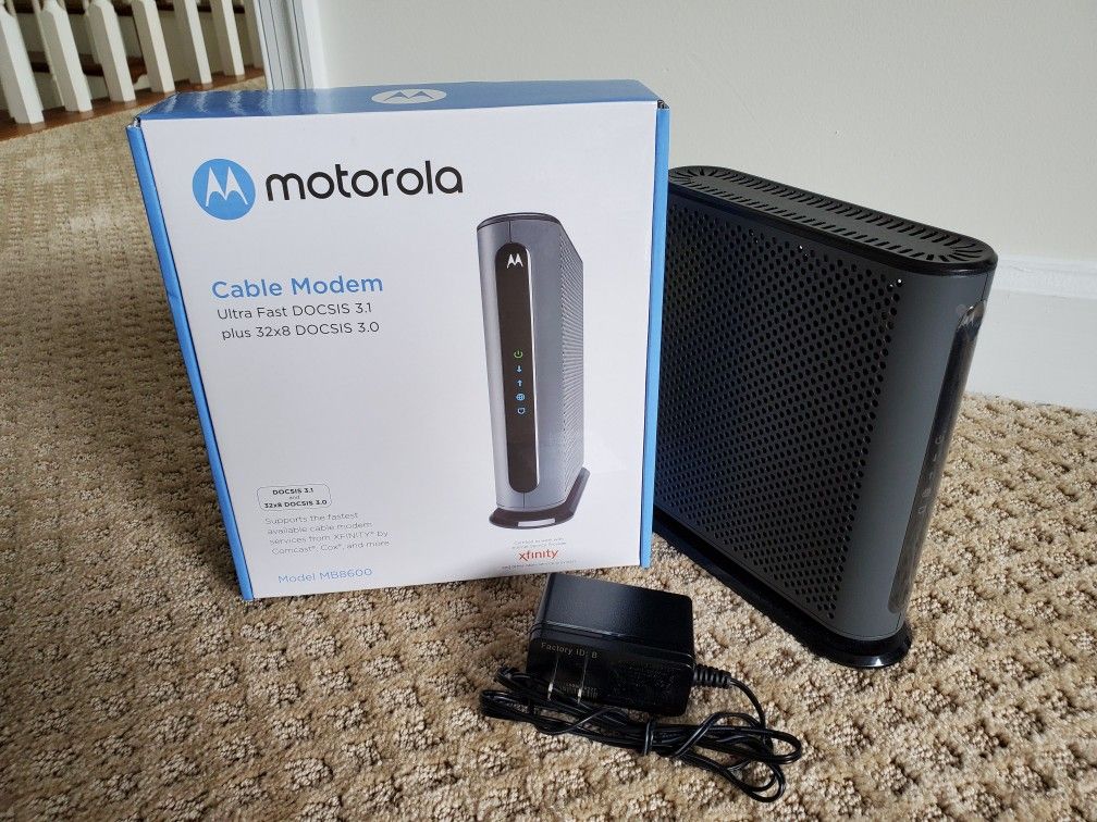 Cable modem: MOTOROLA MB8600 DOCSIS 3.1 Cable Modem, 6 Gbps Max Speed. Approved for Comcast Xfinity Gigabit, Cox Gigablast, and More