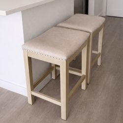 Set of 2 Counter Height Bar Stools – Beige Upholstered – 24” Seat Height