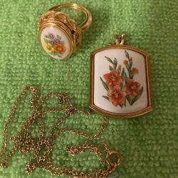 Vintage Avon Porcelain Goldstone Pink Floral Necklace And Ring Set