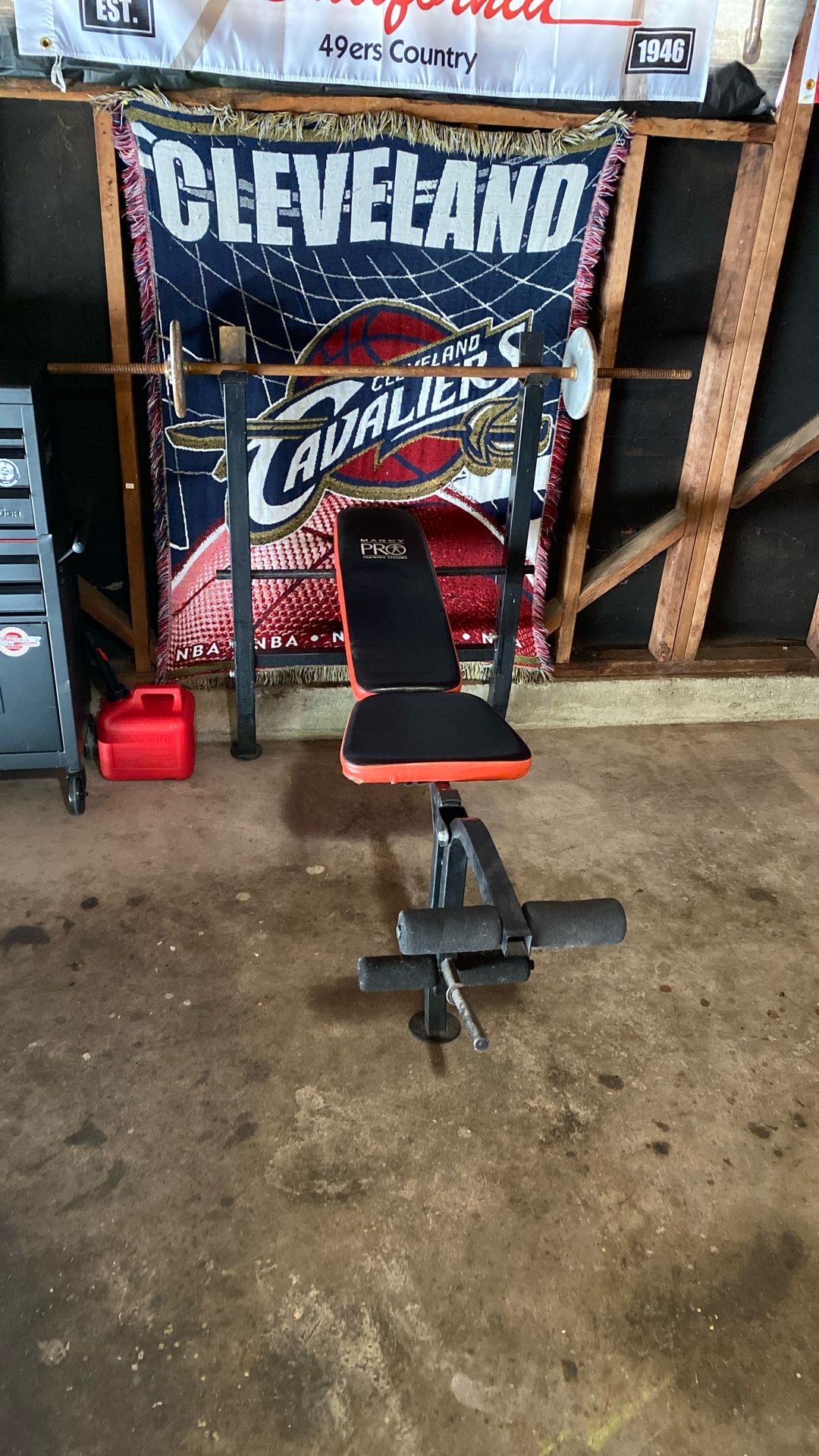 45$ weight, bench, and weight bar