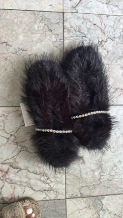 Black Faux Fur Slides with Rhinestone Strap size 7