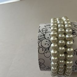 Beautiful Wrap Multi-Row White simulated pearl Beads & Dangles coil bracelet