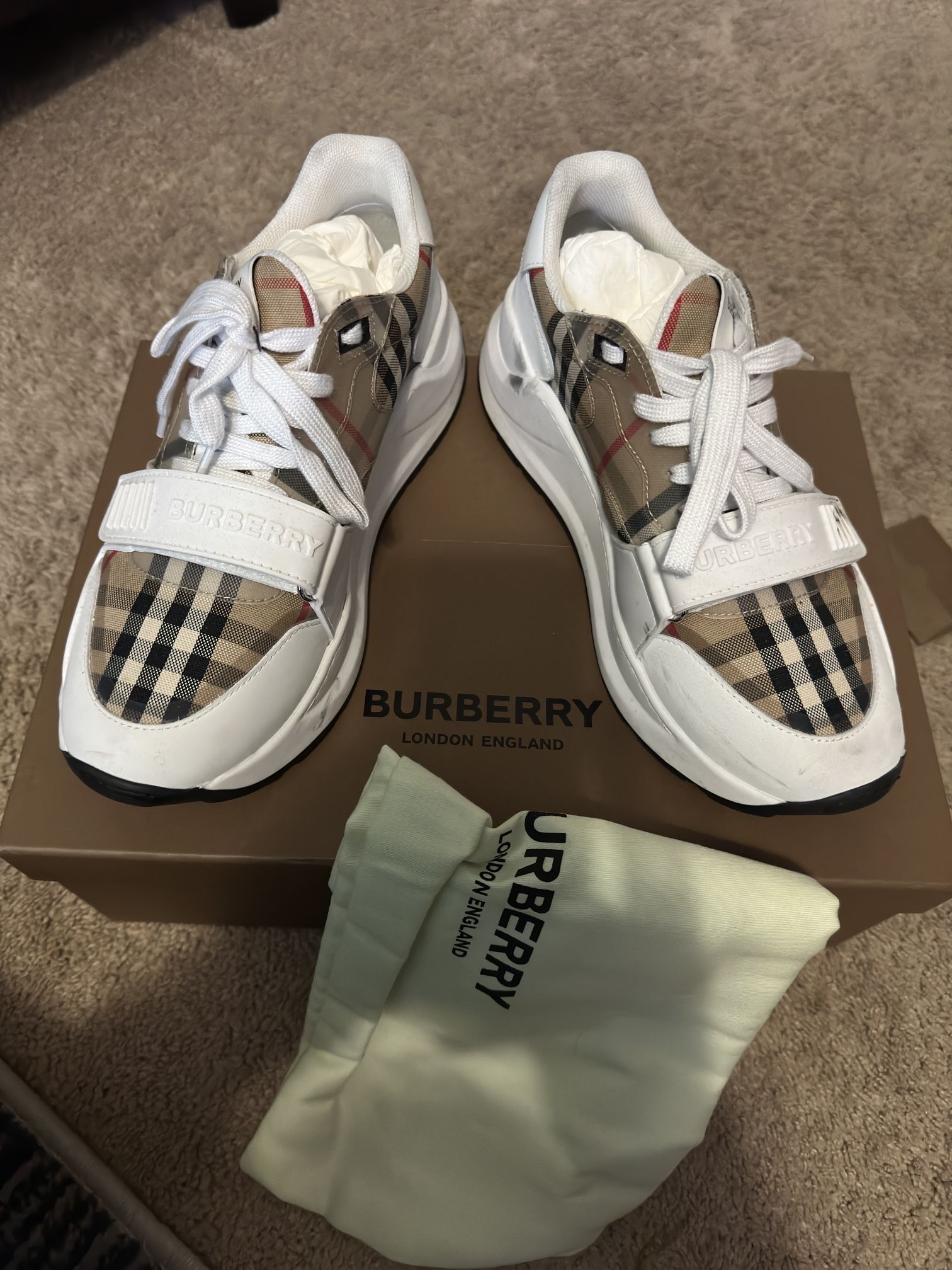 Burberry Tan & White Check Sneakers Size 44