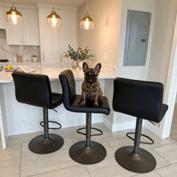 Bar Stools Set of 3 — Black PU Leather Swivel Adjustable Counter Height Stools with Back