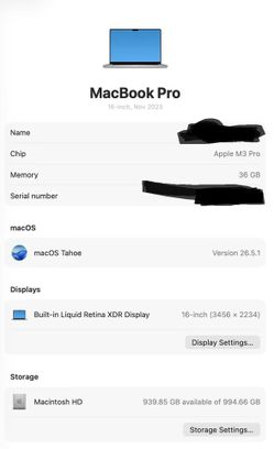 16-inch MacBook Pro M3 Pro - 36GB RAM / 1TB SSD / 96% Battery - Excellent Condition