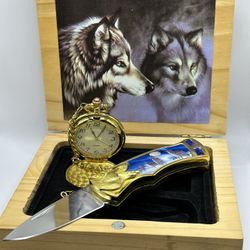 elk ridge wolf stainless steel knife pocket watch set wood  box magnetic case