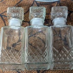 3 Glass Square  Decanters With Stopper 9.5"H 