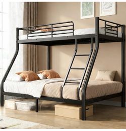 New Twin Over Full Metal Bunk Bed with Ladder & Guardrail Black