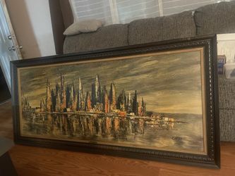 Vintage Cityscape Skyline - Mid century Modern XL Wall Art With Wooden Frame - Artist CARTER
