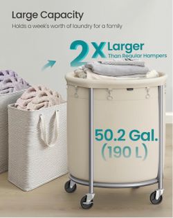 Laundry Basket, Rolling Steel Frame with 2 Locking Wheels, 190 L Heavy-Duty Laundry Hamper Cart with Removable Bag, White and Metallic Silver, URLS01M